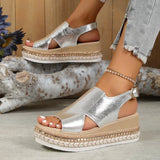 Summer New Large-Size Fish Mouth Buckle Slope Heel Sandals Women's Fashion Comfortable Thick-Soled Bright Face Women's