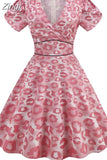 60s 50s Big Swing Summer Dress Women Causal Robe Midi Pin-Up Tunic Sundress Short Sleeve V Neck Party