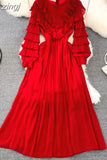 Vintage Women Pleated Party Long Dress Elegant Round Neck Lantern Sleeve High Waist Ruffle Draped Maxi Vestidos