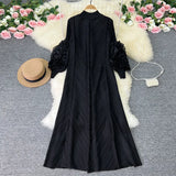 Zingj Sense Of Socialite Temperament Three House Pleated Lantern Long Sleeve Collar Loose A Line Solid Color Dress Elegant