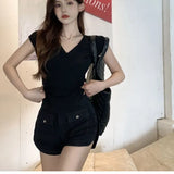 Zingj Desire Wind V-Neck Short-Sleeved T-Shirt Women's Wear 2024 Summer New Slim Show Thin Design Sense Students Pure Color Jacket