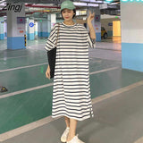 Sleeve Dress Women Hot Sale S-3XL Leisure Cozy Simple Basic Striped Preppy Style Clothing Students Midi Sundress Chic