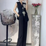 Sets Of 2025 Autumn And Winter New Sleeveless Nail Drill Flower Top High Waist Broad Leg Trousers Set