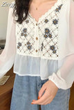 Women O-Neck Hollow Out Print Simple All-match Casual Fashion College Korean Style Ulzzang New Tops Hot Selling