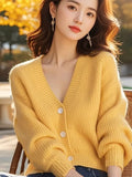 Yellow Knitted Cardigan Women's New Gentle Wind Korean V-Neck Loose Long-Sleeved Jacket In Autumn And Winter