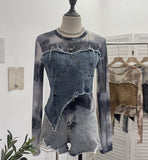 Dye Mesh Spliced Denim Shoulder Long-Sleeved T-Shirt T-Shirt T-Shirt Dress