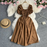 Zingj Vacation Wind French Retro Square Collar Waist Dress Female Summer Design Sense Bubble Short Sleeve Fairy