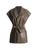 Zingj 2024 New Fashion Retro Handsome Lapel Belt Waist Show Thin Pu Vest Long Folded