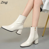 Autumn Women Fashion Square High Heels Zapatos De Mujer White Patent Leather Shoes Ankle Boots Black Woman