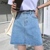 Womens Summer A-Line High Waist Button Zipper Solid Mini Denim Vintage Elegant Simple Chic Casual Basic All-match