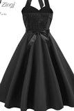 Halter Party Dress Women Summer Backless Vintage Dresses Retro Rockabilly Swing Robe femme Elegant Midi