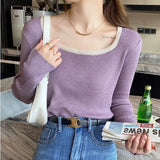 Zingj Versatile Top Retro Square-Neck Long-Sleeve Undershirt With White Loose Sweater Six Wool