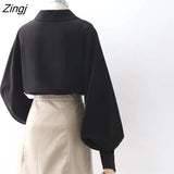 Women Lantern Sleeve Loose Turn-down Collar Simple Solid Feminino Blouses Minority Korean Style Autumn All-match