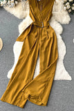 Vintage V-Neck Wide Leg Jumpsuits Women Elegant Red/Green/Orange Sleeveless High Waist Romper With Belts New Fashion