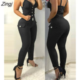 V Neck Spaghetti Strap Button Design Skinny Sexy Cami Vest Top Ladies Holiday Bodycon Pencil Pants Set Women's Two