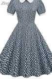Women Vintage Dress Floral Print Peter pan Collar Elegant Party Dress Puff Short Sleeve Pin Up 50s Party Sundress