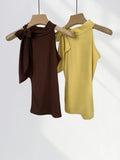Zingj Lace Cut Shoulder Sleeveless Top Elegant Morde Cotton Sexy Tight Stretch Scarf Collar