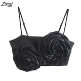 Women High Street Floral Appliques Design Spaghetti Strap Chic Camis Tank Lady Side Zipper Short Sling Crop Tops
