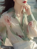 Green Floral Sunscreen Shirt Women 2025 Summer Extraordinary French Super Fairy Long-Sleeved Shirt Original Design
