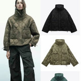 Style Women's Pocket Decoration Loose Long Sleeve Standing Collar Diamond Thin Cotton Jacket Jacket Women's
