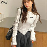 Women Crop Tops Long Sleeve T-shirts Patchwork Irregular Fashionable Undershirts Design Korean-style Ins Ulzzang Top Female
