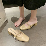 Women's Shoes Baotou Half Slippers Women's Summer Wear 2025 Summer High Heels Korean Version Of The Square Head Thick And Muller High-Heeled