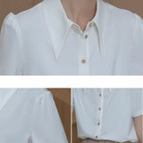Women's Shirts Summer Pointed Neck Shirt Fashion Silk White Shirt Short Sleeve Blouse Womens Tops Elegant Female