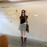 Zingj Summer Hot Girls Short Sleeve T-Shirt Women's Crop Black Bow Hot Diamond Slim Short Top