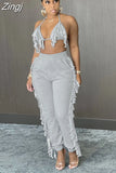 Y2K Tassel Women's Two Piece Sets Summer Halter Backless Crop Top And Pants Matching Sets Solid Slim Casual