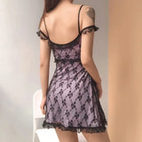 Zingj Women's Purple Girl Sexy Backless Lace Lace Halter Dress Sleeping
