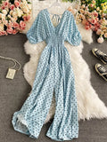 Vintage Women Polka Dot Romper Sexy V-Neck Puff Short Sleeve High Waist Backless Wide Leg Jumpsuits Female New