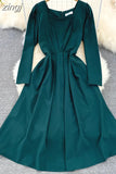 Vintage Women Square Collar Midi Dress Elegant Green/Pink/Red High Waist Slim Draped Big Swing Vestidos Female Robe