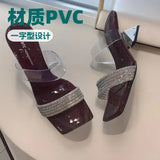 Summer New Toe Slippers Women Wearing Square Head Drill Word With Thick Heel Large-Size Cool Drag High