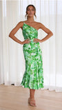 Zingj Summer New Stylish Temperament Diagonal Collar Sling Fishtail Print Dress