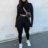 Women Two Pieces Set Fall Autumn Yoga Suit Sets Long Sleeve T-shirt Crop Tops High Waist Leggings Gym Workout