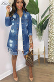Women's Hole Patch Denim Jackets Lady Fashion Long Sleeve Ripped Distressed Denim Long Jacket Coat Outwear Women