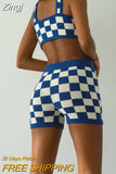 Women Knitted 2 Piece Summer Shorts Set Sleeveless Vintage Printed Crop Tank Top Elastic High Waist Shorts