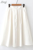 Women Summer White Cotton Skirt Saia Casual Solid High Waist A-Line Elegant Chic Office Ladies Midi Skirts Faldas