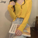 Colors Cropped Cardigan Women Knitwear Pure V-neck Spring Long Sleeve Elegant Casual Кардиган Женский Females Korean