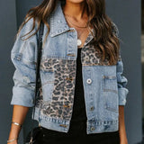 New Denim Jacket Women's Long Sleeve Women's Jacket Women's Leopard Print Patchwork Top-Outfit