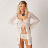 Beach Skirt In Front Of The Fork Knitted Hollow Bikini Hooded U-Collar