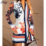 Spring Autumn Women Fashion Elegant Sexy Buttoned Design Floral Print Shirt Dress Casual Long Sleeve Turn-down