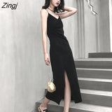 Dress Women Side-slit V-Neck Temperament Elegant Black Spaghetti-strap Sexy Female Vestidos French Retro Stylish