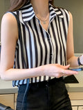 and White Striped Woman Shirts Summer Tank Top Blouse for Women Sleeveless Blouses Chiffon Ladies Tops OL Female