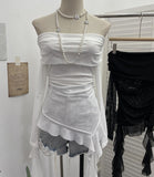 Shot A Word Shoulder Folded Top Girl Spring And Summer Side-Sleeve Strap Design French Long-Sleeved Mesh T-Shirt