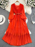 Women Draped Long Dress Spring Autumn Elegatn V-Neck Lantern Sleeve High Waist A-Line Pleated Party Maxi Vestidos