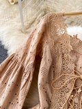Women Sexy Hollow Out Lace Playsuits Khaki V-Neck Bandage Romper Elegant Puff Long Sleeve High Waist Embroidered Jumpsuits