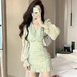 Women Mini All-match Green Print Ulzzang V-neck Casual Spring Simple Female Student Chic Club Style All-match
