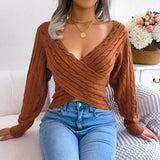 Wind Real Autumn And Winter Sexy Cross V Collar Sesame Long Sleeves Open Umbilly Sweater Women's