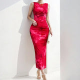 Spring Summer New Women's Temperament Elegant Sleeveless Open Forked Waist Sexy Printed Fashion
